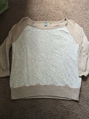 Knitted & Knotted By Anthropologie Beige & Cream Lace Front Cotton Blend Sweater